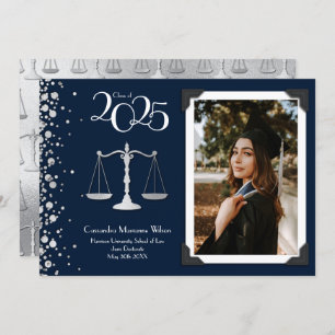 Lawyer Law School Silver Graduation Navy Blue Invi Invitation