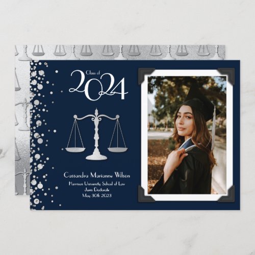 Lawyer Law School Silver Graduation Navy Blue Invi Invitation