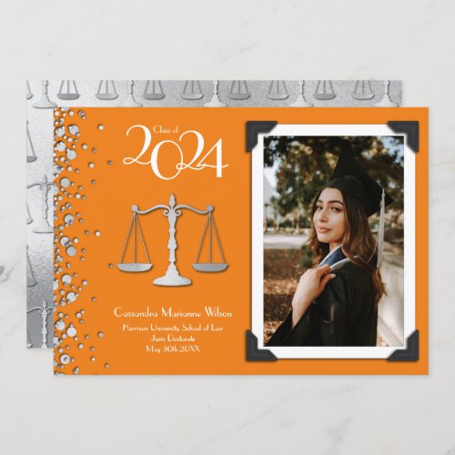 Lawyer Law School Silver Graduation Orange Invitation