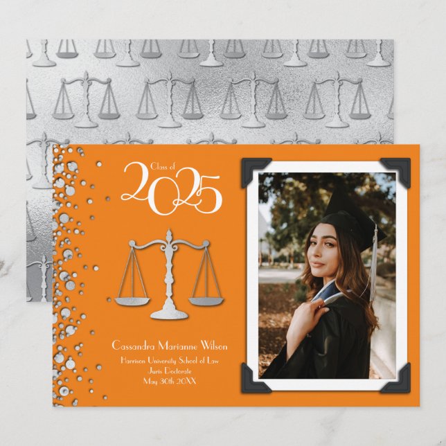 Lawyer Law School Silver Graduation Orange Invitation (Front/Back)