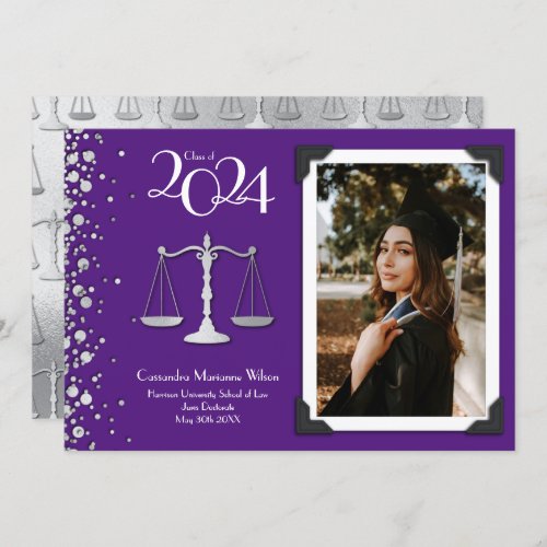 Lawyer Law School Silver Graduation Purple Invitation