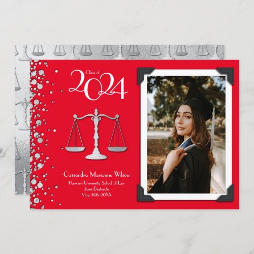 Lawyer Law School Silver Graduation Red Invitation