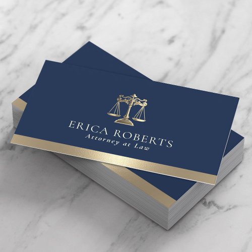 Lawyer Navy  Gold Justice Scale Attorney at Law Business Card