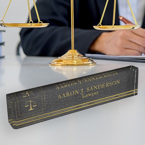 Lawyer office elegant black leather and gold scale desk name plate