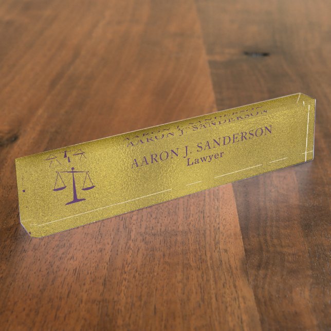 Lawyer office elegant faux gold foil purple scale desk name plate (Side)