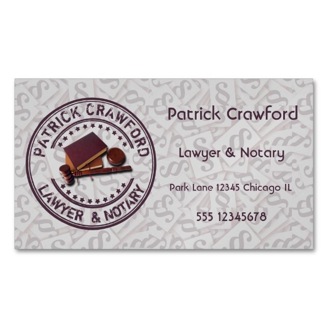 Lawyer Or Notary Office With Judge Hammer And Name Business Card Magnet (Front)