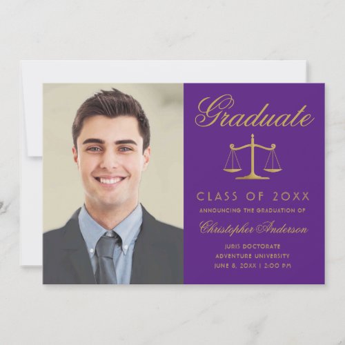 Lawyer Purple Gold Script Photo Graduation Announcement