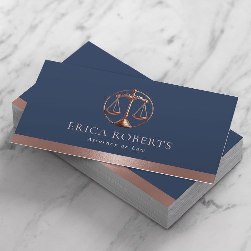 Lawyer Rose Gold Justice Scale Attorney Navy Blue Business Card