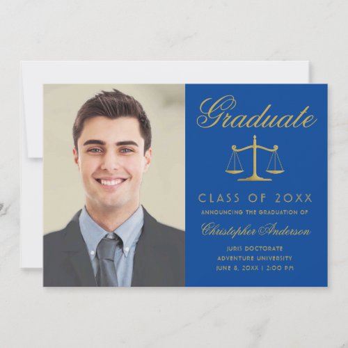 Lawyer Royal Blue Gold Script Photo Graduation Announcement