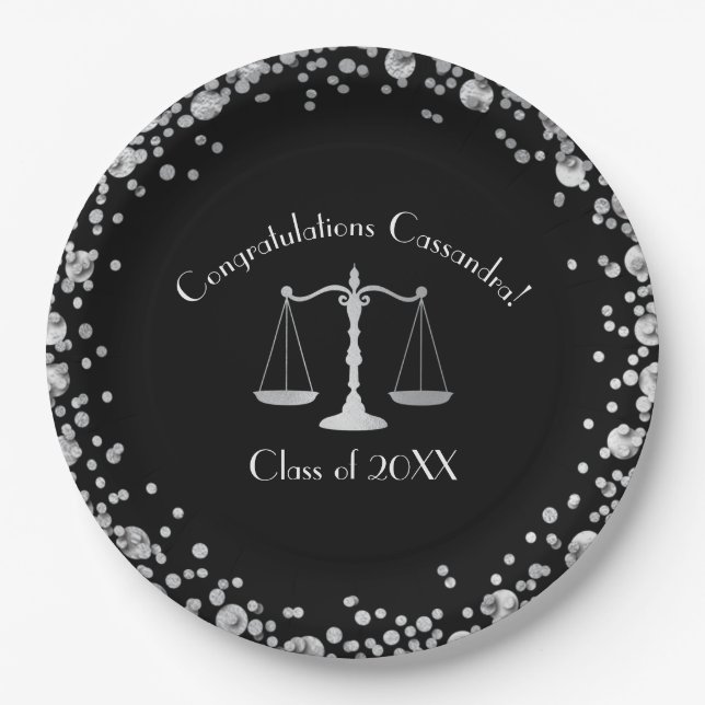 Lawyer School Graduation Black Silver Paper Plates (Front)