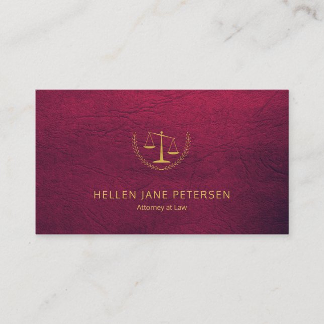 Lawyer upscale elegant gold burgundy leather look business card (Front)