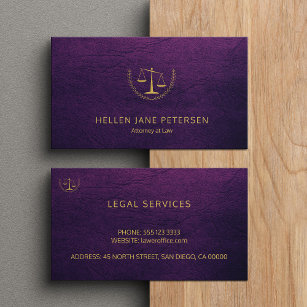Lawyer upscale elegant gold purple leather look business card