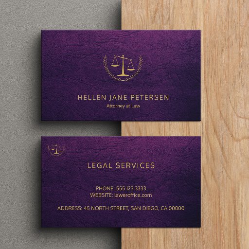 Customizable Lawyer upscale elegant gold purple leather look business card