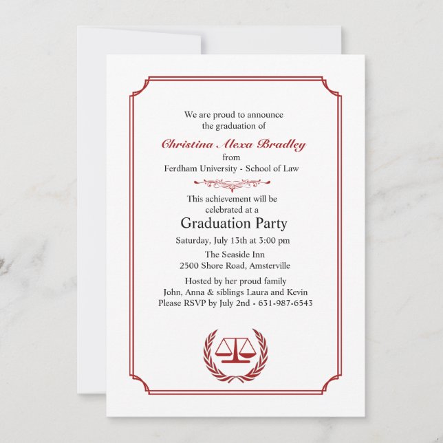 Lawyers Corner Red Graduation Invitation (Front)