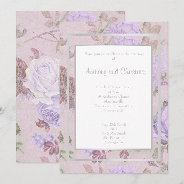 LAYER PURPLE LILAC ROSE FLORAL ELEGANT WEDDING INVITATION (Front/Back)