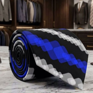 Layered Blue And White Squared On Black Pattern Neck Tie