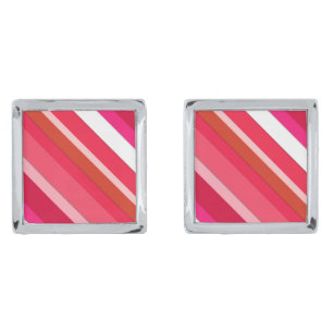 Layered candy stripes - red, pink and white silver cufflinks