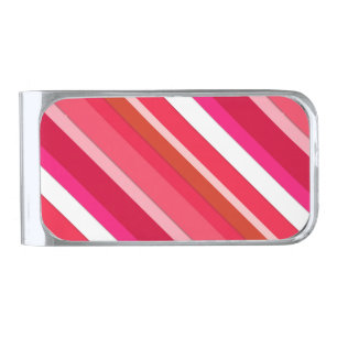 Layered candy stripes - red, pink and white silver finish money clip