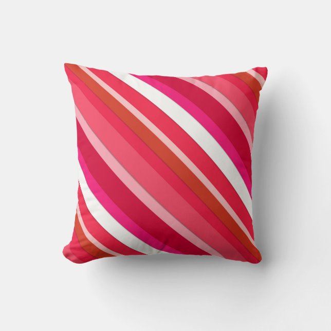 Layered candy stripes - red, pink and white throw pillow (Front)