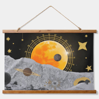 Layered collage aesthetics with celestial motifs,  hanging tapestry