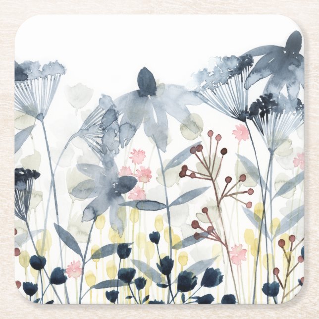 Layered Gardens - Watercolor Flowers Square Paper Coaster (Front)