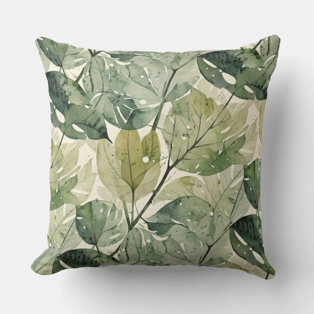 Layered Green Forest Leaves Outdoor Pillow (Front)