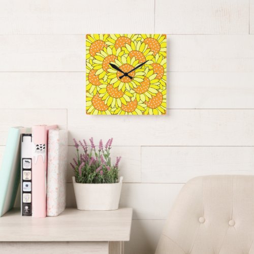 Layered Hand Drawn Yellow Orange Sunflowers Square Wall Clock