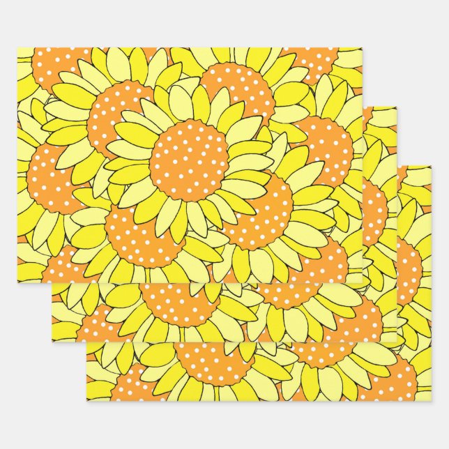 Layered Hand Drawn Yellow Orange Sunflowers Wrapping Paper Sheets (Set)