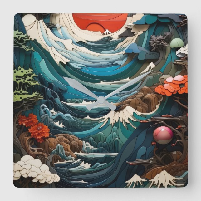 Layered Ocean Waves & Red Sun Art Wall Clock (Front)