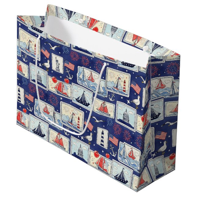 Layered Patriotic Paper Cut Tile Pattern (1) Large Gift Bag (Front Angled)
