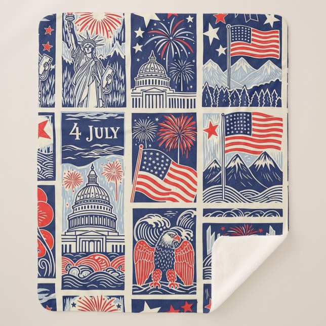 Layered Patriotic Paper Cut Tile Pattern (1) Sherpa Blanket (Front)
