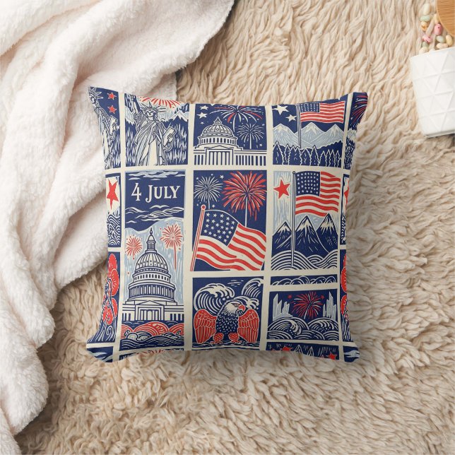 Layered Patriotic Paper Cut Tile Pattern (1) Throw Pillow (Blanket)