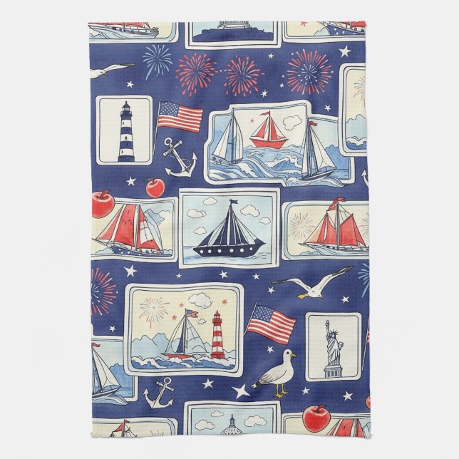 Layered Patriotic Paper Cut Tile Pattern (2) Kitchen Towel (Vertical)
