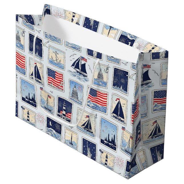 Layered Patriotic Paper Cut Tile Pattern (2) Large Gift Bag (Front Angled)