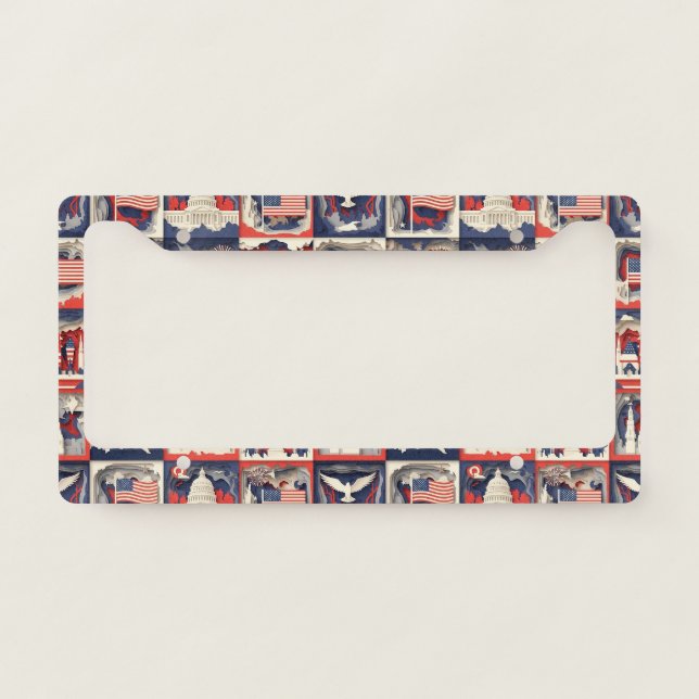 Layered Patriotic Paper Cut Tile Pattern (3) License Plate Frame (Front)