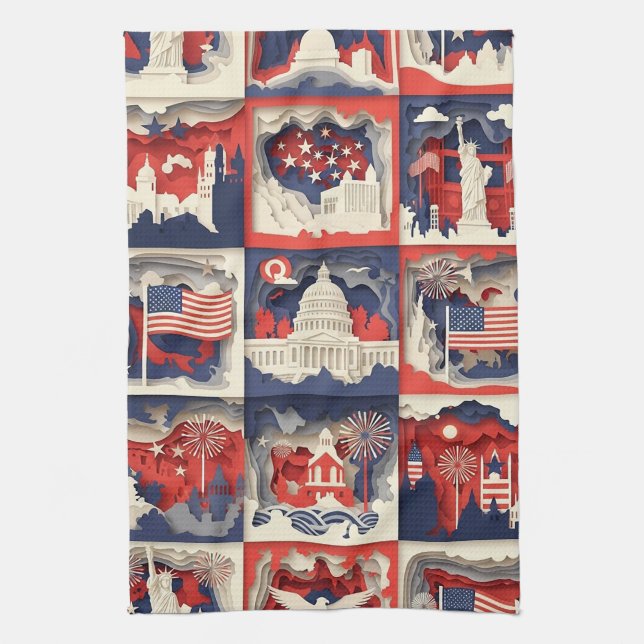 Layered Patriotic Paper Cut Tile Pattern (4) Kitchen Towel (Vertical)