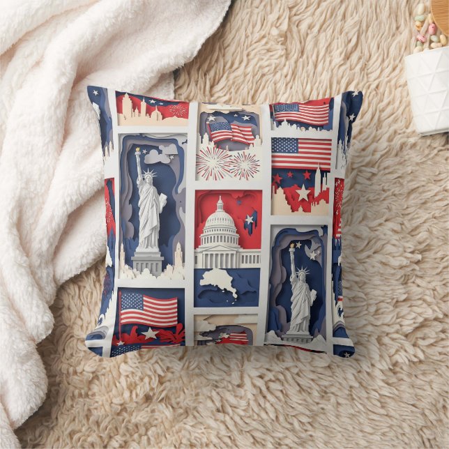 Layered Patriotic Paper Cut Tile Pattern (5) Throw Pillow (Blanket)