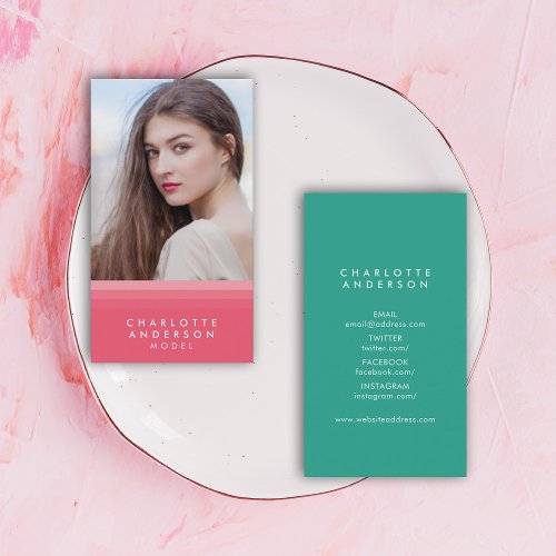 Layered Pink  Teal Social Media Photo Business Card