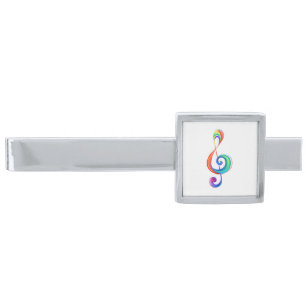 Layered rainbow treble clef silver finish tie bar