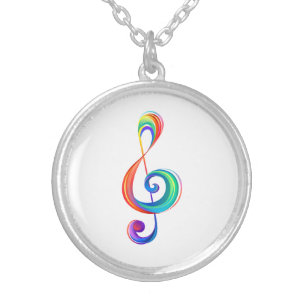 Layered rainbow treble clef silver plated necklace