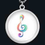 Layered rainbow treble clef silver plated necklace<br><div class="desc">Musical key drawn from multicolored layers of rainbow colors on white background.</div>