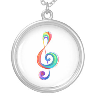 Layered rainbow treble clef silver plated necklace