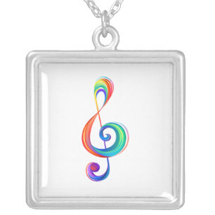 Layered rainbow treble clef silver plated necklace