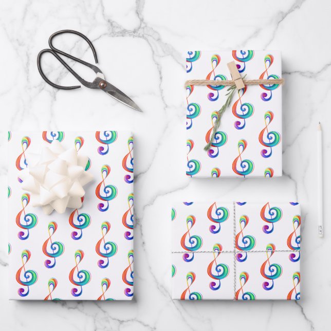 Layered rainbow treble clef wrapping paper sheets (Front)