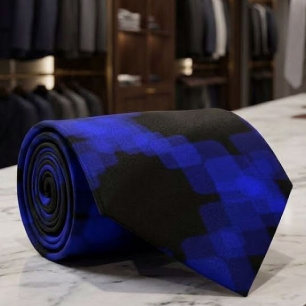 Layered True Blue Squared On Black Pattern Neck Tie