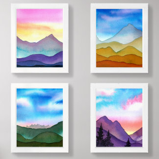 Layered Watercolor Mountains Wall Art Sets