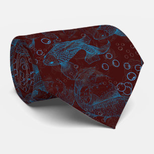Layering Fishes Pattern 01.blue.b D Red BG Neck Tie