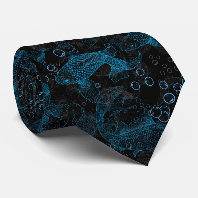 Layering Fishes Pattern 01.blue.b Neck Tie (Rolled)