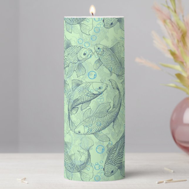 Layering Fishes Pattern 02.Dark blue.b L Green BG Pillar Candle (In Situ)