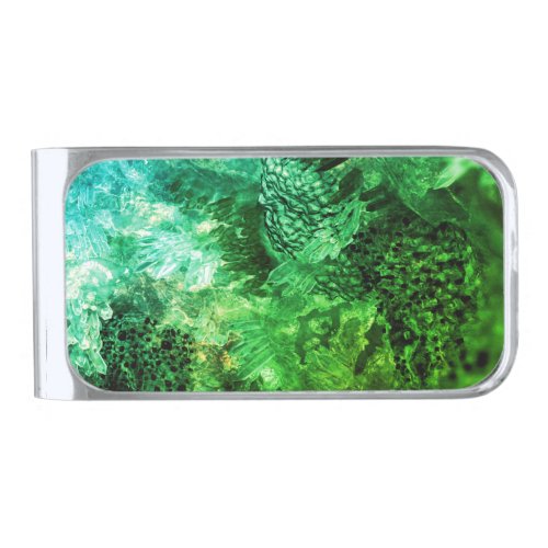 Layers of Green Crystals Silver Finish Money Clip